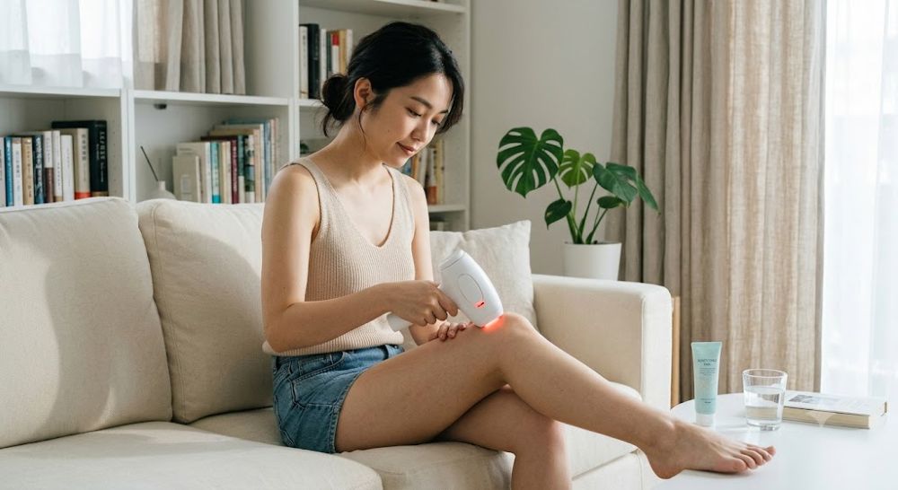 家庭用脱毛器で脚のケアをする女性